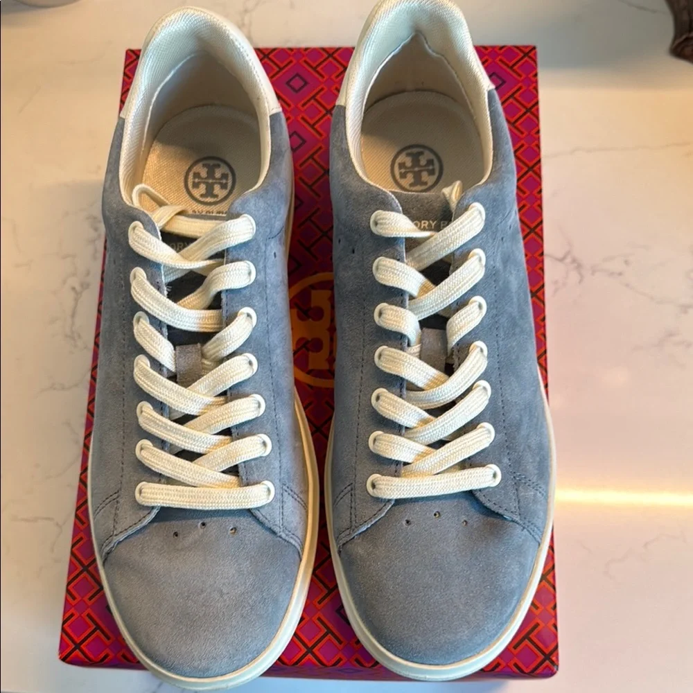 Tory Burch Suede Low-Top Sneakers in Blue and Cream